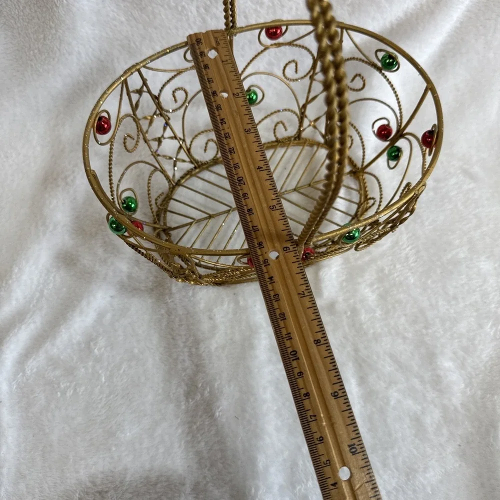 Gold‎ Wire Christmas Basket with Red and Green Ornaments Holiday Decor 11 inch